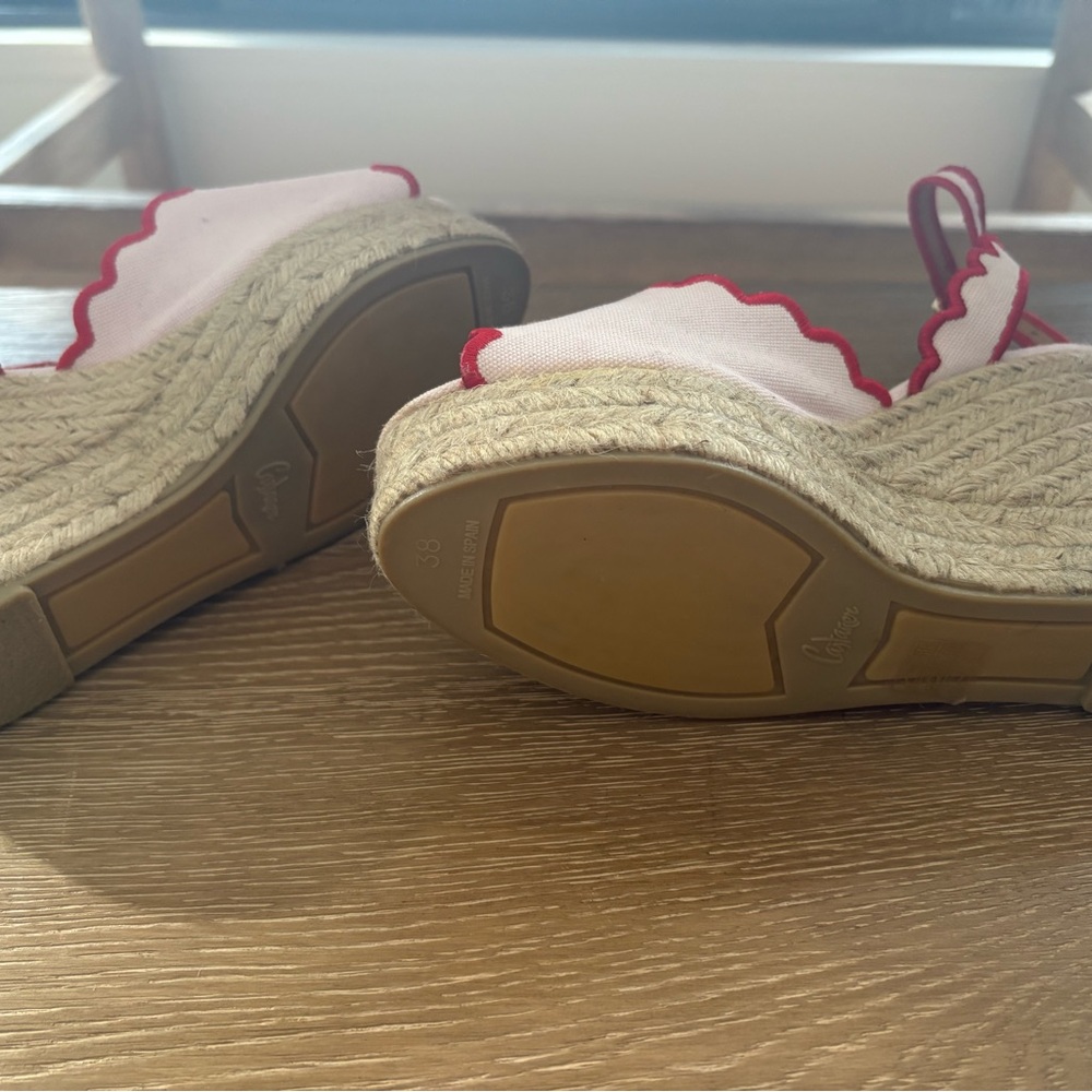 Castaner Pink Espadrille Wedges with Scalloped Red Trim - Picture 8 of 8